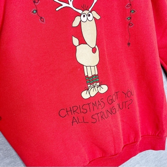 Vintage Christmas Sweatshirt Size L Reindeer Ugly Strung Out Lights 90s Made USA - Picture 3 of 8
